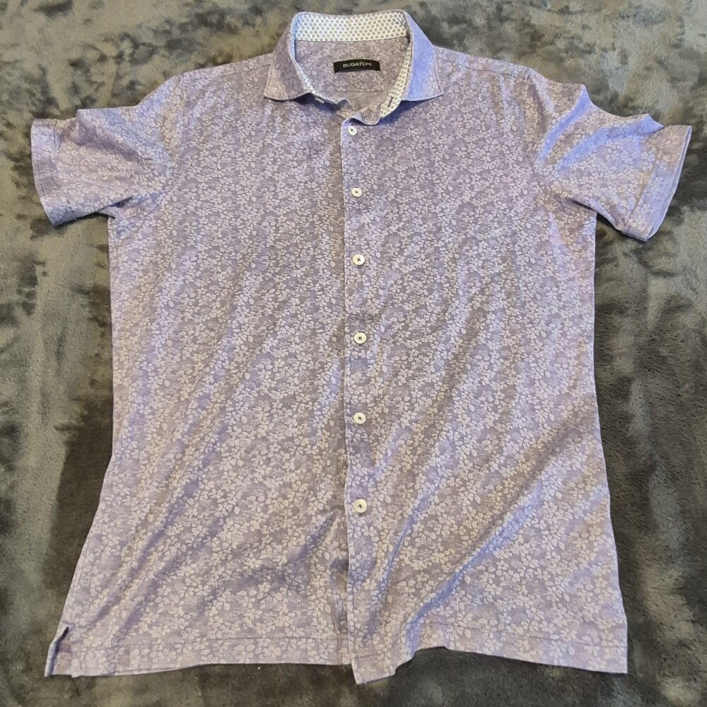 Bugatchi Shirt Mens Large Purple Floral Short Sleeve Button Up Mercerized Cotton